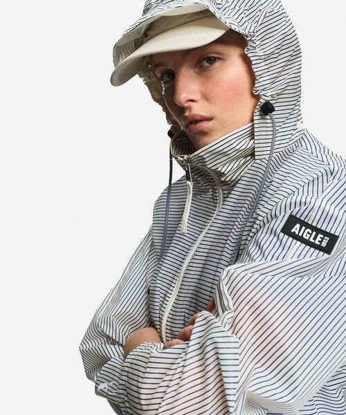 AIGLE / エーグル ナイロンジャケット | 超軽量 撥水 UVカット ストライプ エクストラライト フーディジャケット（ブルー）