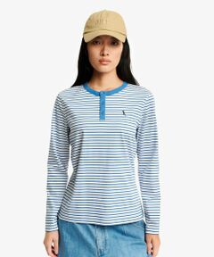 AIGLE / エーグル Tシャツ | UVカット ピマコットン マリニエール ボーダー ヘンリーネックカットソー 長袖Tシャツ