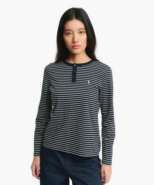 AIGLE / エーグル Tシャツ | UVカット ピマコットン マリニエール ボーダー ヘンリーネックカットソー 長袖Tシャツ（ダークネイビー）