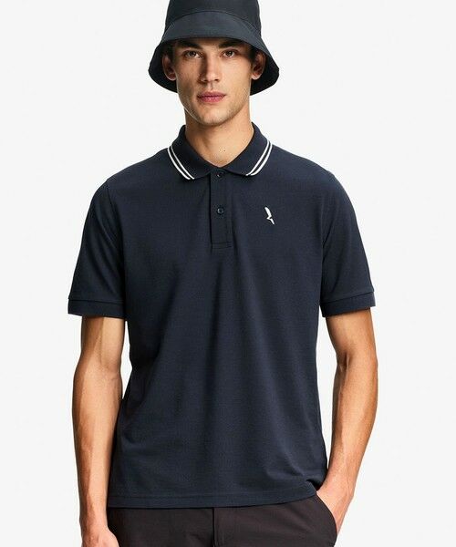 AIGLE / エーグル ポロシャツ | 吸水速乾 ワンポイントロゴ刺繍 襟ダブルストライプ ピケポロシャツ（ダークネイビー）
