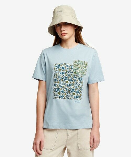 AIGLE / エーグル Tシャツ | 【LIBERTY】抗菌防臭 吸水速乾 パッチワーク半袖Tシャツ（グレイッシュブルー）