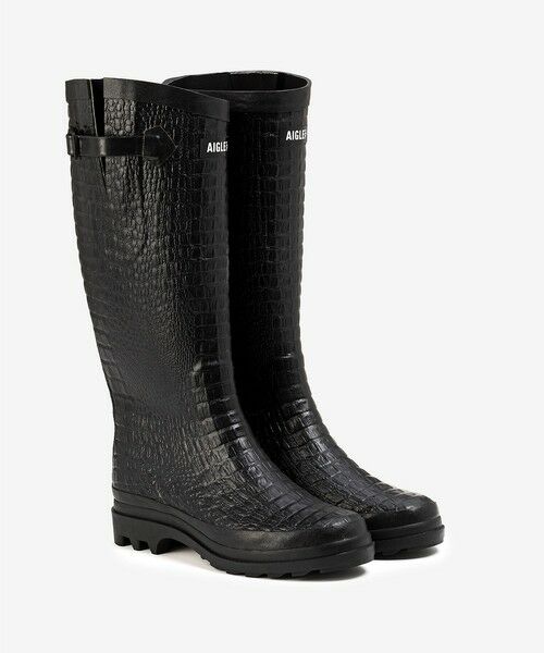 AIGLE / エーグル レインシューズ | エーグランティーヌ クロコダイル調 ラバーロングブーツ（ブラック）