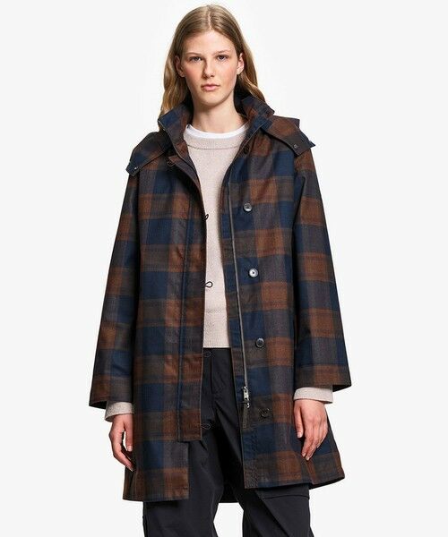 AIGLE / エーグル ステンカラーコート | 透湿防水 2レイヤー コットンタッチ チェック柄ロングコート（ネイビー）