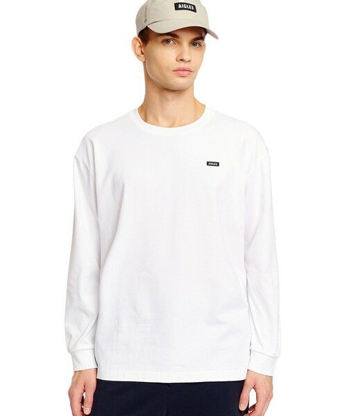 AIGLE / エーグル Tシャツ | オーガニックコットン オーバーサイズ ワンポイントシリコンバッジロゴ ロングスリーブTシャツ(ホワイト)