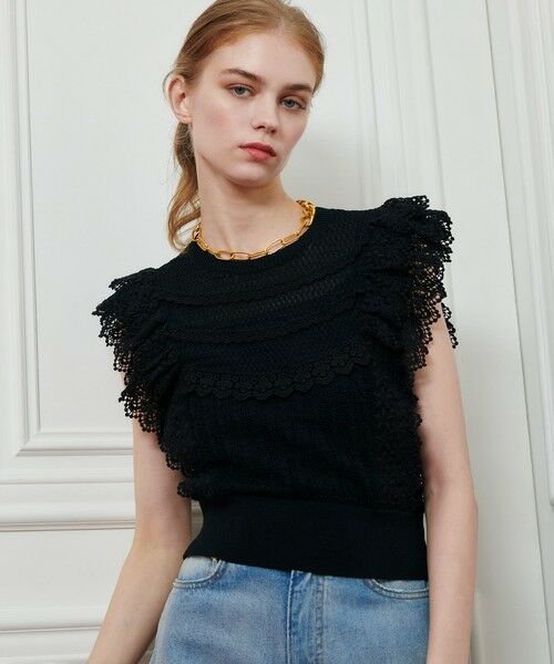 allureville / アルアバイル ニット・セーター | 【LOULOU WILLOUGHBY】レースフリルニットプルオーバー(ブラック (95))