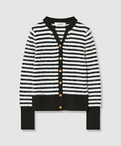 allureville / アルアバイル カーディガン・ボレロ | フェザーボーダーキーネックカーディガン（ブラック系 (98)）