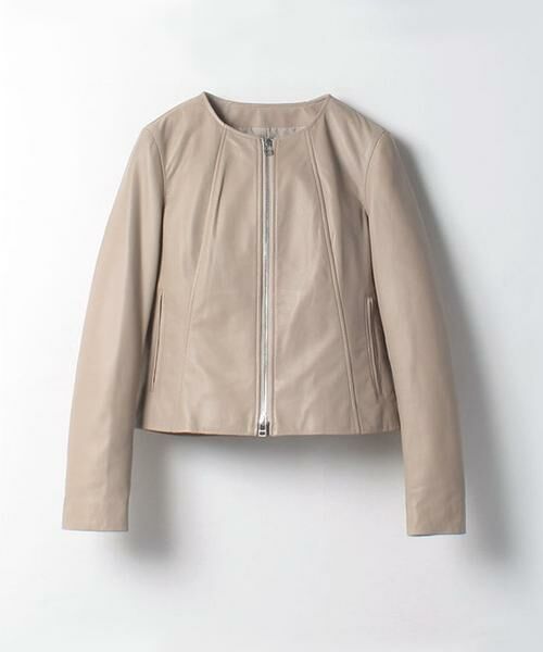 ＊＊allureville / アルアバイル ノーカラージャケット | レザークルーネックブルゾン（グレージュ）