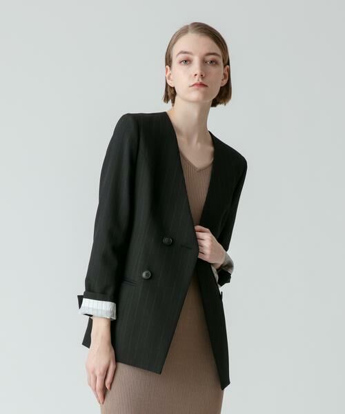 ＊＊allureville / アルアバイル ノーカラージャケット | ピンストライプカラーレスジャケット（ブラック）