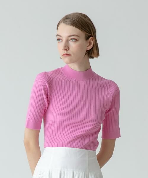 ＊＊allureville / アルアバイル ニット・セーター | 7X3リブ5分袖モックネック プルオーバー（ピンク）