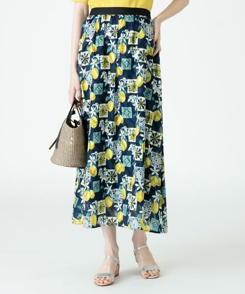 ＊＊allureville / アルアバイル スカート | レモンプリントギャザースカート（ネイビー）