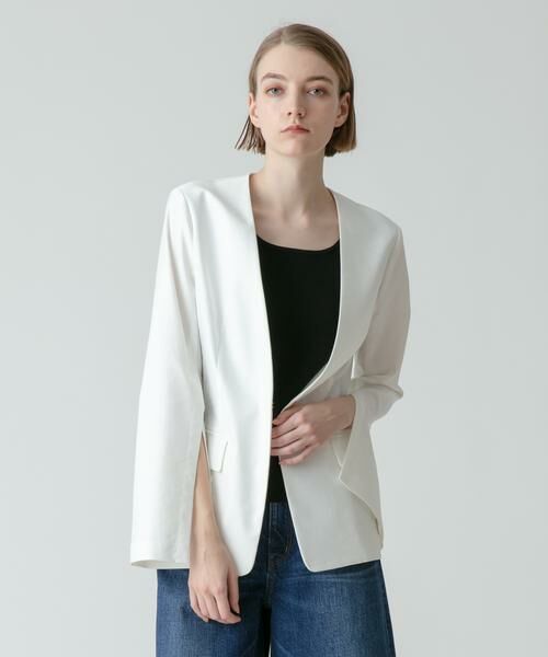 ＊＊allureville / アルアバイル ノーカラージャケット | リネンツイルストレッチスリットスリーブジャケット（オフホワイト）