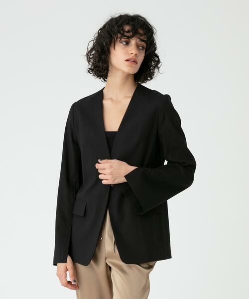 ＊＊allureville / アルアバイル ノーカラージャケット | リネンツイルストレッチスリットスリーブジャケット（ブラック）