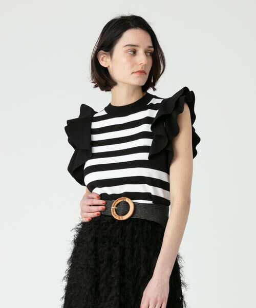 ＊＊allureville / アルアバイル ニット・セーター | 立体フリルボーダープルオーバー（ブラック系）