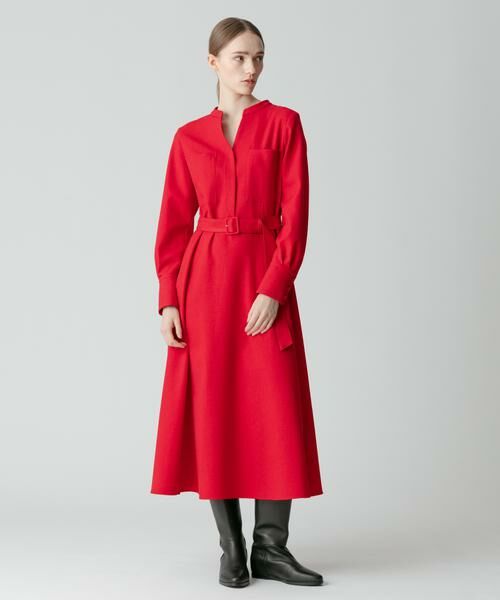 美品 アルアバイル ウール100％ フレアワンピース ロング丈 レッド サイズ2 PEフランネルスラッシュネックワンピース （ワンピース