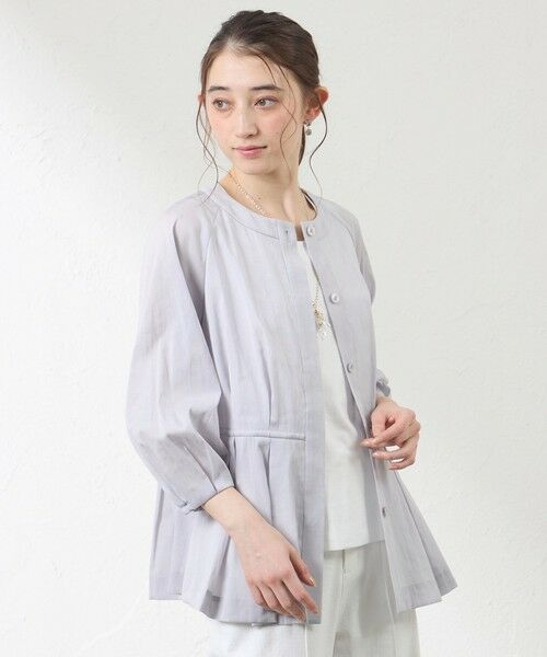 AMACA / アマカ ノーカラージャケット | ナチュラルドライオーガンジー ノーカラー羽織シャツ（グレー4）
