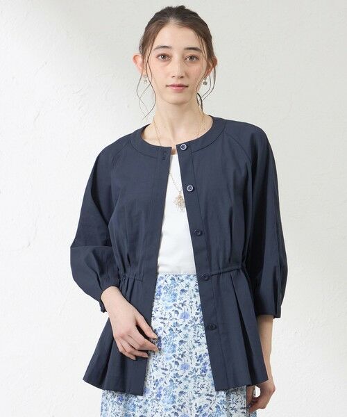 AMACA / アマカ ノーカラージャケット | ナチュラルドライオーガンジー ノーカラー羽織シャツ（ネイビー3）