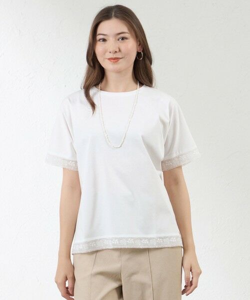 AMACA / アマカ カットソー | プレーティング天竺 レース切替Tシャツ（オフホワイト1）