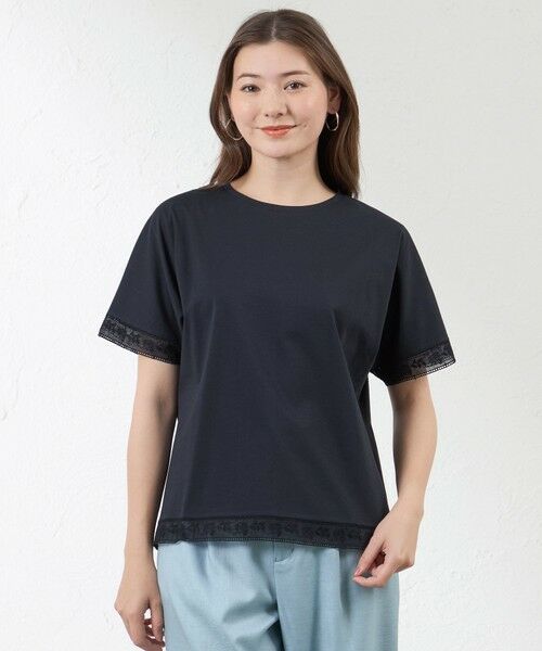 AMACA / アマカ カットソー | プレーティング天竺 レース切替Tシャツ（ネイビー3）