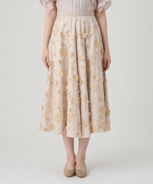 ANAYI / アナイ ミニ・ひざ丈スカート | ストライプフラワー刺繍フレア スカート | 詳細1