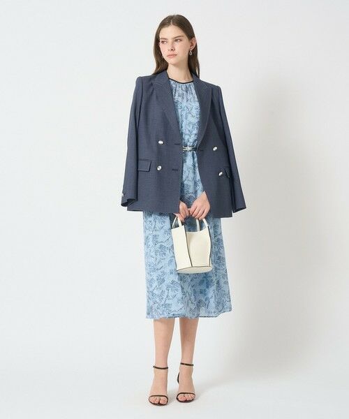 アナイ　2022s幾何学模様　ノーカラー　ベルト　ロングワンピース　パープル ANAYI - アナイ 2022s幾何学模様 ノーカラー ベルト ロング