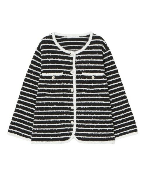今期極美品♡ANAYI ペーパーシャギーポケットカーディガン・白ボーダー♡38 今期極美品♡ANAYI ペーパーシャギーポケットカーディガン・白