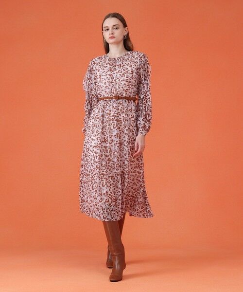 レオパードプリントフリルスリーブワンピース （ロング・マキシ丈