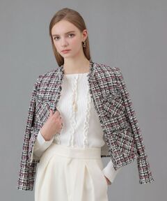 美品✨クレイサス　カメリアボタン　ツイードノーカラージャケット　ピンク系 レディース ノーカラージャケット（条件：ピンク系、新入荷