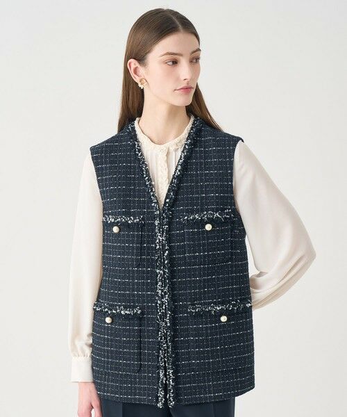 ANAYI / アナイ ノーカラージャケット | 【Eternal Line 2026】プレイドツイードVネックジレ(navy (65))