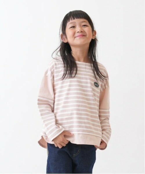 and D.petitmain / アンドディー. プティマイン Tシャツ | 【親子リンク】kidsボーダー肩切替ビッグロンT（ピンク）