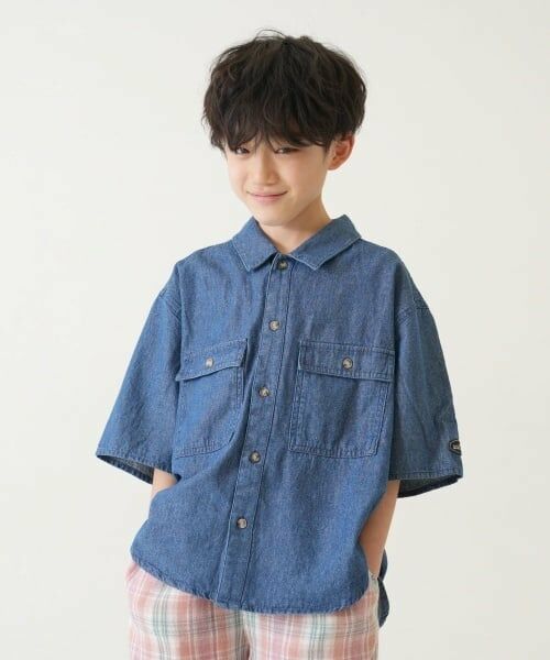 and D.petitmain / アンドディー. プティマイン シャツ・ブラウス | デニムワイドドロップショルダー5分袖シャツ（紺）