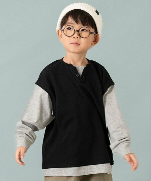 and D.petitmain / アンドディー. プティマイン Tシャツ | ワッフルベストレイヤードワイドロンT（黒）