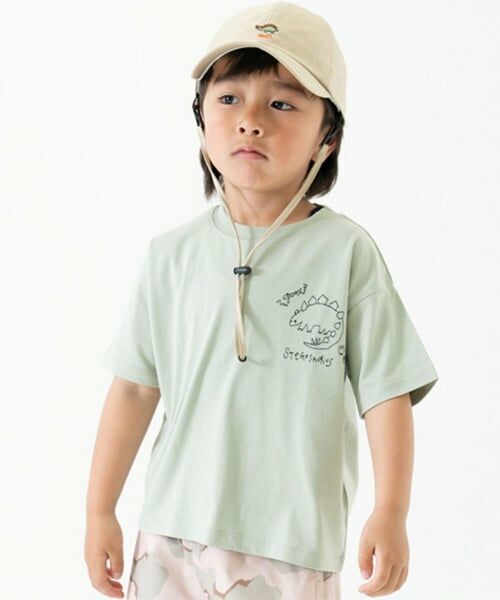 and D.petitmain / アンドディー. プティマイン Tシャツ | 【綿100%】恐竜ステッチ刺しゅうワイド半T（薄カーキ）