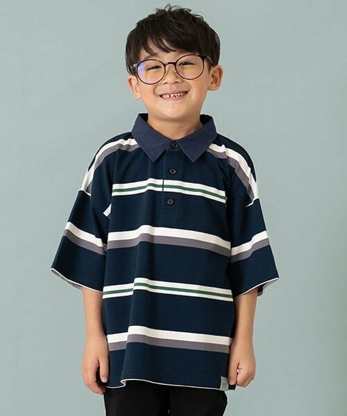 and D.petitmain / アンドディー. プティマイン Tシャツ | 【親子リンク】Kids衿つきラガー半T（紺）