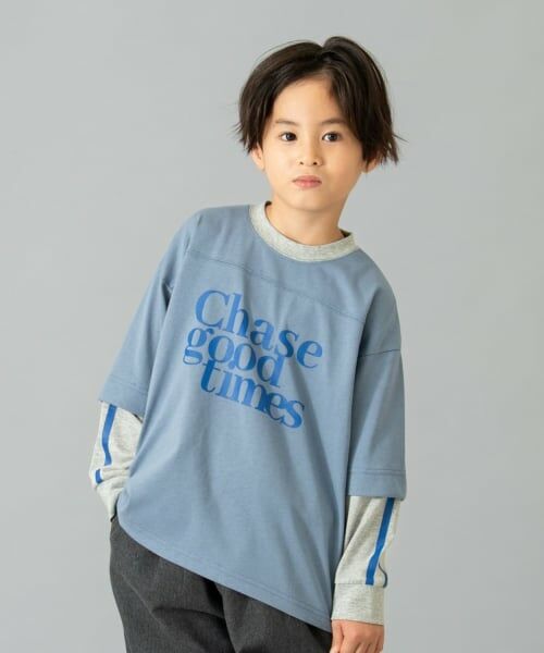 and D.petitmain / アンドディー. プティマイン Tシャツ | レイヤード風ラインロンT(ブルー グレー)