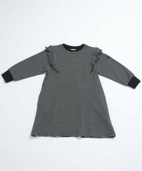 and D.petitmain / アンドディー. プティマイン ミニ丈・ひざ丈ワンピース | 【リンク】ミジンボーダー肩フリルワンピ（黒）