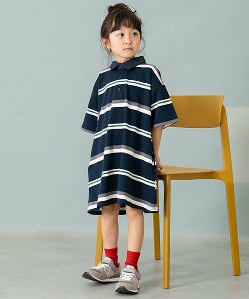 and D.petitmain / アンドディー. プティマイン ミニ丈・ひざ丈ワンピース | 【親子リンク】衿つきラガー半袖ワンピ（紺）