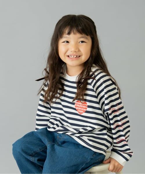 and D.petitmain / アンドディー. プティマイン Tシャツ | 【綿100】【365D.】袖プリントドルマンロンT（インク ブルー）