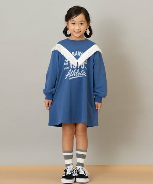 and D.petitmain / アンドディー. プティマイン ミニ丈・ひざ丈ワンピース | フリンジ付きプリントワンピース（ブルー）