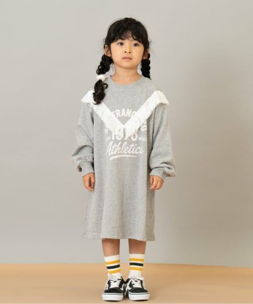 and D.petitmain / アンドディー. プティマイン ミニ丈・ひざ丈ワンピース | フリンジ付きプリントワンピース（トップ グレー）