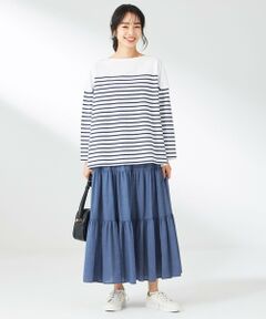 ANY / エニィ ミニ・ひざ丈スカート | 【ウエストゴム】シャンブレーライクティアード スカート