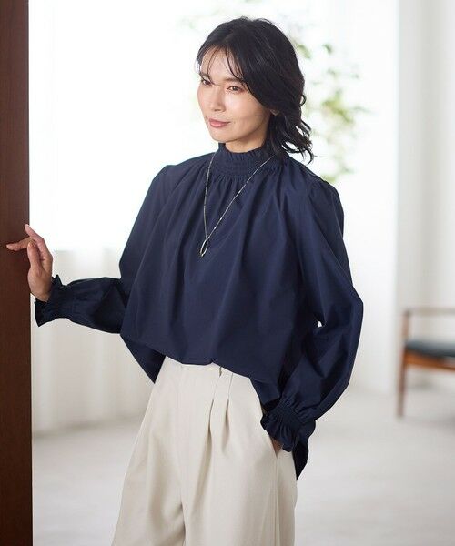 ADEAM ブラウス　長袖　フリル　ネイビー セール】 【洗濯機可】フリルネックブラウス （シャツ・ブラウス