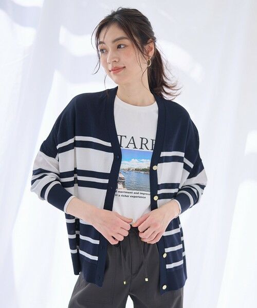any FAM/エニィファム 【洗濯機可/UVカット/接触冷感】クールタッチボクシーカーディガン ネイビー×オフ F any FAM/エニィファム 【洗濯機可/UVカット/接触冷感】クールタッチボクシーカーディガン ネイビー×オフ F