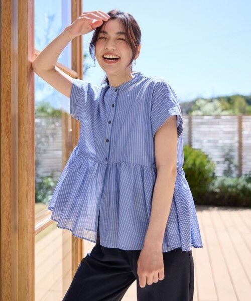 ANY/エニィ 【洗濯機可】半袖ティアードブラウス ネイビー×ストライプ F ANY/エニィ 【洗濯機可】半袖ティアードブラウス ネイビー×ストライプ F