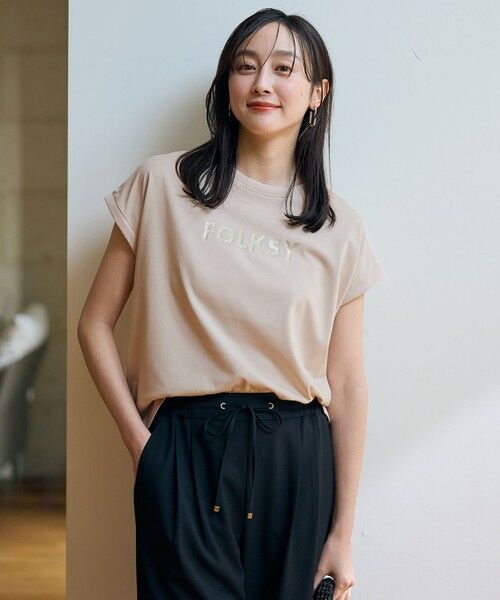 ANY/エニィ 【洗濯機可/接触冷感】グリッタープリントロゴTシャツ ベージュ F ANY/エニィ 【洗濯機可/接触冷感】グリッタープリントロゴTシャツ ベージュ F