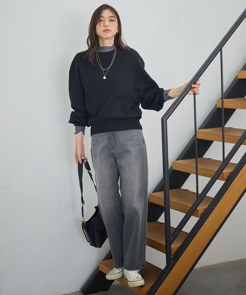 ANY/エニィ 【洗濯機可/ウエストゴム】ストレートワイドデニム フェードブラック L ANY/エニィ 【洗濯機可/ウエストゴム】ストレートワイドデニム フェードブラック L