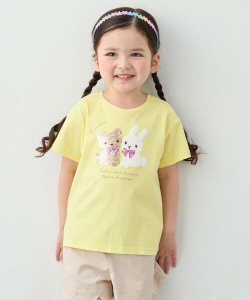 ANY / エニィ カットソー | 【綿100%】ドロップショルダーミラクルスパンコールTシャツ（イエロー×アニマル）