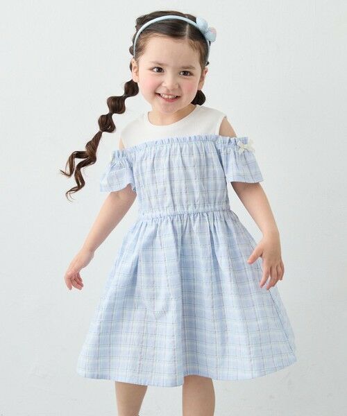 ANY / エニィ ロング・マキシ丈ワンピース | 【洗濯機可能】オンオフショルダーワンピース（サックスブルー×チェック）