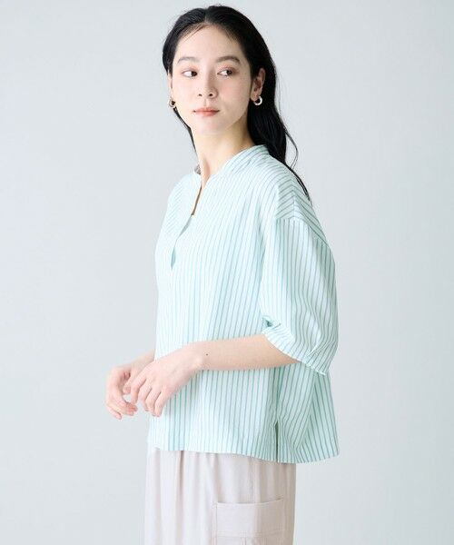 ANY / エニィ シャツ・ブラウス | 楽映えスキッパーブラウス（グリーンストライプ）