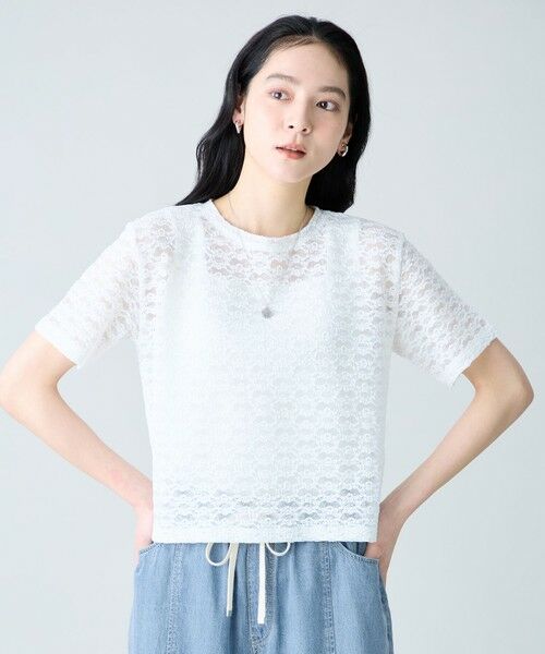 ANY / エニィ カットソー | レースショート丈Tシャツ（オフレース）