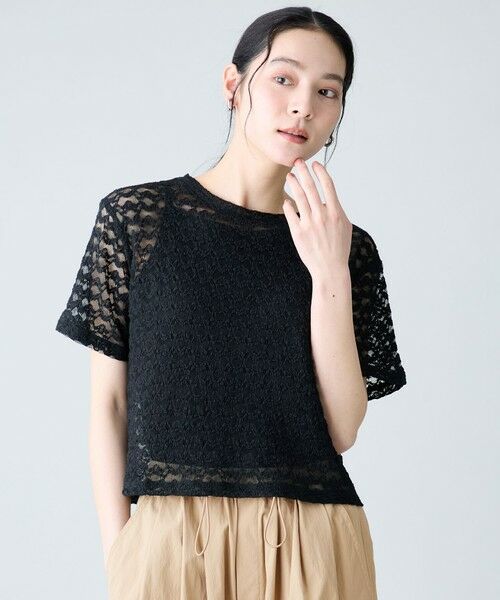 ANY / エニィ カットソー | レースショート丈Tシャツ（ブラックレース）